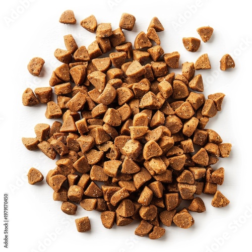 Pile of dry dog food kibble isolated on a white background, top view.