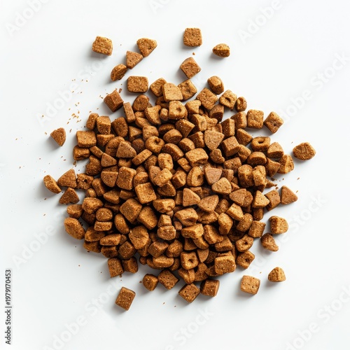 Pile of dry pet food kibble on a white background.