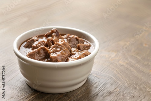 Savory Beef Stew in a White Bowl on a Wooden Table.