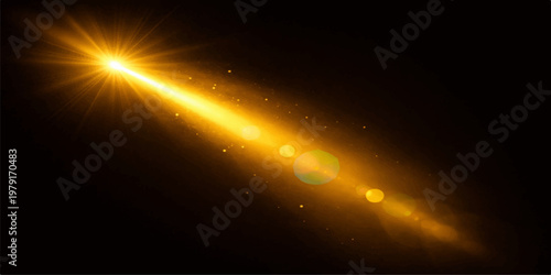 The sun and moon shine amidst stars and space, creating a bright flare of energy across a dark blue nebula galaxy within the vast universe background illustration