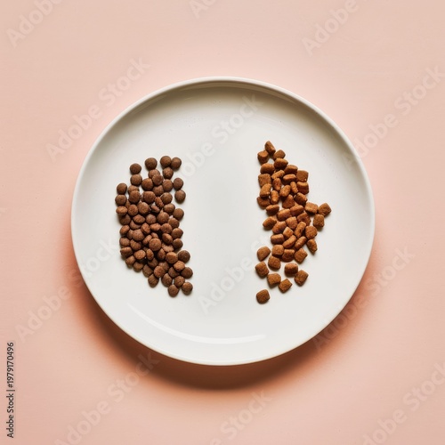 Two piles of dry pet food on a white plate against a pink background.
