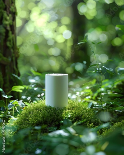 White cylindrical product display on vibrant green moss in a sun-dappled forest, showcasing natural beauty and eco-friendly design.
