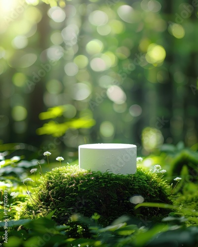 White Product Display Pedestal on Mossy Forest Floor with Bokeh Background.