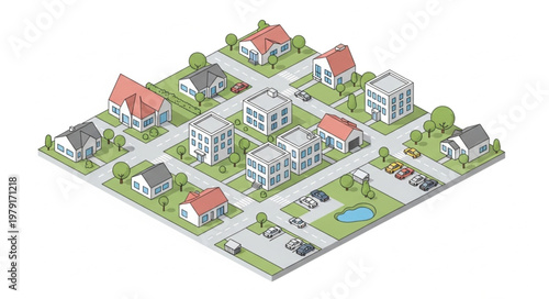 Aerial View of a Quaint Neighborhood with Houses and Streets.