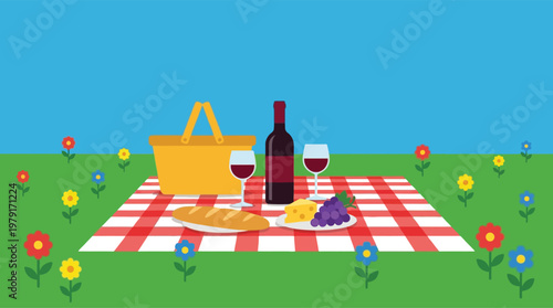 A romantic picnic setup on green grass.