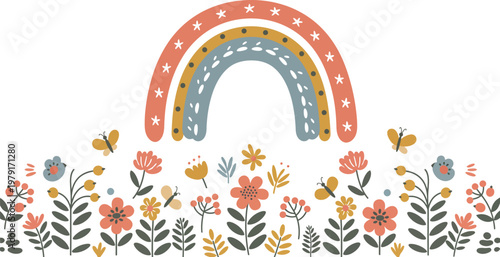 Vector illustration of an abstract floral background featuring a cute cartoon baby elephant with a heart and bird in a vintage nature pattern for a child greeting card design