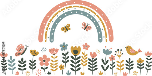 Vector illustration set of an Easter card with colorful eggs, summer flowers, and a cute cartoon bird design in a hand drawn nature pattern style