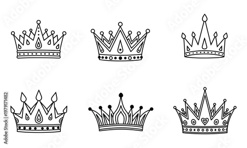 Set of six hand drawn crowns black and white royal headwear collection