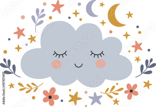 Blue sky vector illustration of an abstract rainy day background with cartoon clouds and nature pattern design for baby card decoration