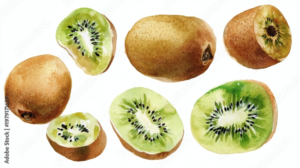 Fototapeta premium A vibrant watercolor collection of green kiwi fruits, shown whole, halved, and sliced on white background