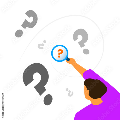 curious person hold magnifying glass surrounded by question marks. research, problem solving, critical thinking, search for answers. flat vector illustration for education, analysis, investigation