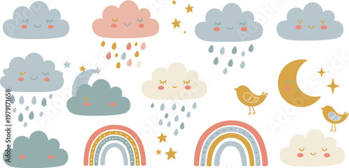 Blue sky vector illustration of an abstract rainy day background with cartoon clouds and nature pattern design for baby card decoration
