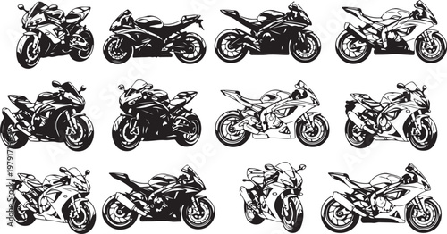 Collection of various motorcycle illustrations in black and white