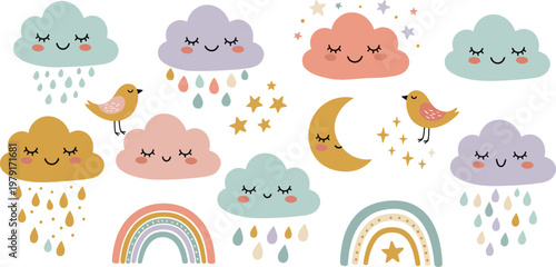 Blue sky vector illustration of an abstract rainy day background with cartoon clouds and nature pattern design for baby card decoration