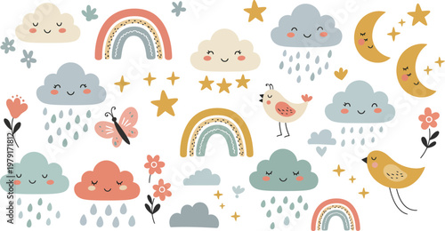 Blue sky vector illustration of an abstract rainy day background with cartoon clouds and nature pattern design for baby card decoration