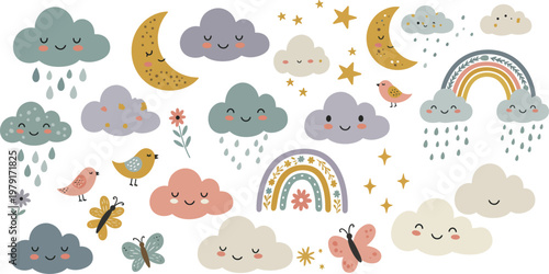 Blue sky vector illustration of an abstract rainy day background with cartoon clouds and nature pattern design for baby card decoration