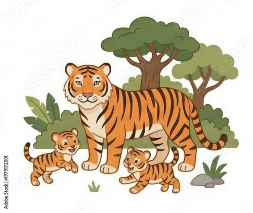 Cute Tiger Family Illustration with Mother and Two Cubs in Jungle Setting