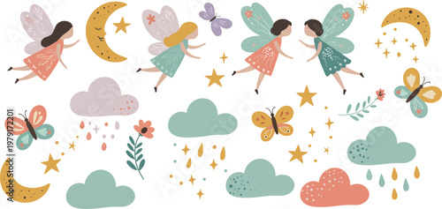 A cute cartoon vector illustration of a baby girl with pink floral patterns, summer flowers, and a set of spring nature icons like a butterfly, bee, and ladybug