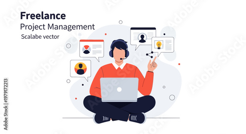 Freelance Project Management: Man with Laptop and Headset, Communication Concept