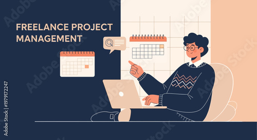 Freelance Project Management: Man working on laptop with calendars and charts