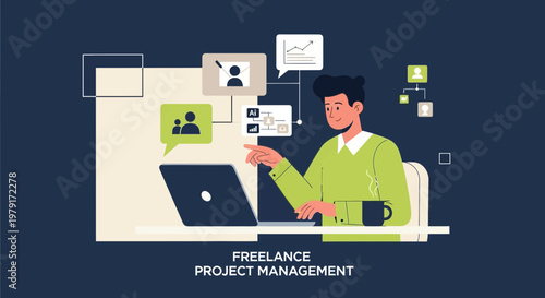 Freelance Project Management: Man Working Remotely with Laptop and Digital Tools