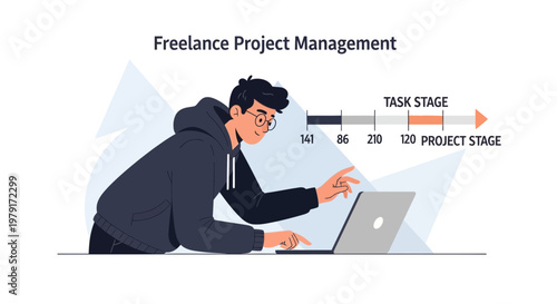 Freelance Project Management: Person working on laptop with timeline graphic