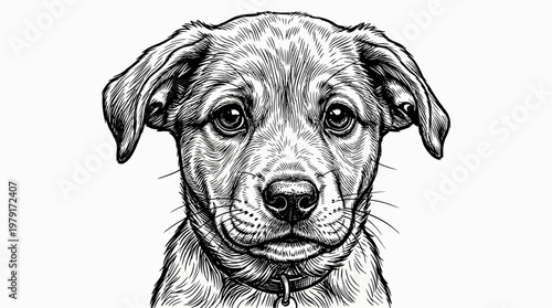 Hand drawn black and white pencil sketch portrait of cute dog puppy face vector illustration