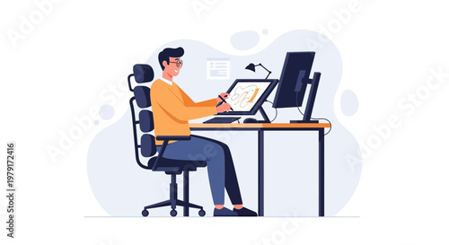 Graphic designer working on computer with drawing tablet, modern office setup