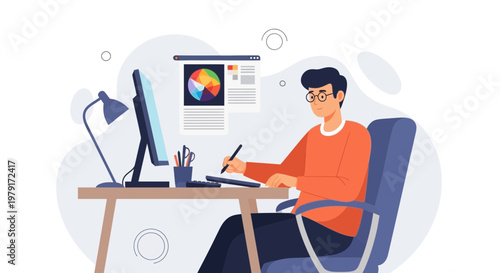 Graphic designer working on computer with color wheel on screen
