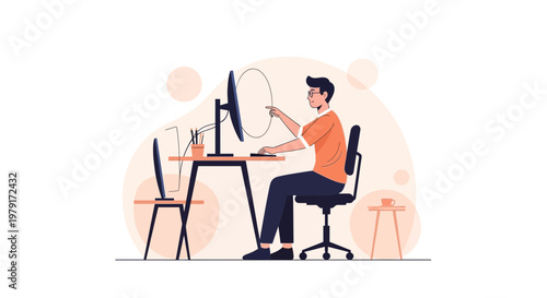 Graphic designer working on computer, digital art, creative process, modern office