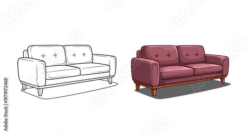 Sofa illustration: sketch and colored version, modern design, comfortable furniture