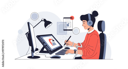 Graphic Designer Working on Digital Tablet with Headphones and Computer