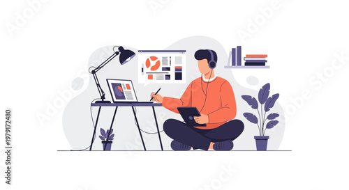Graphic designer working remotely on laptop and tablet, creative workspace