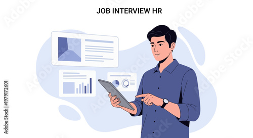 HR professional reviewing data on tablet during job interview, modern office setting