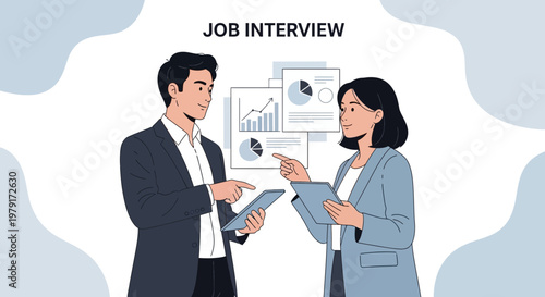 Job Interview: Businessman and businesswoman discussing charts on tablets