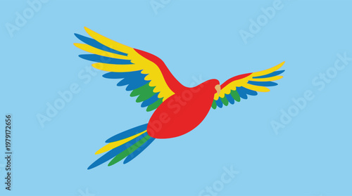 Vibrant parrot in flight isolated on blue.