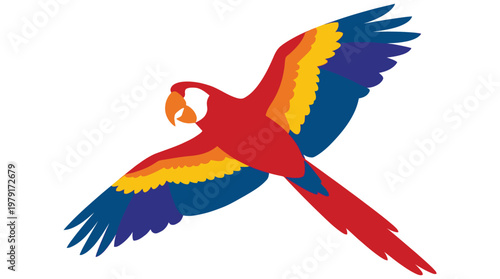 Vibrant parrot in mid flight outdoors.