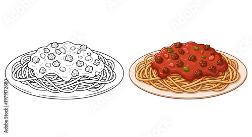 Spaghetti Bolognese with Meatballs - Color and Line Art Comparison