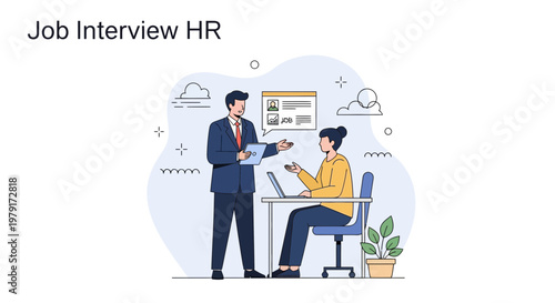 Job Interview HR: Candidate and Recruiter Discussing Resume and Laptop