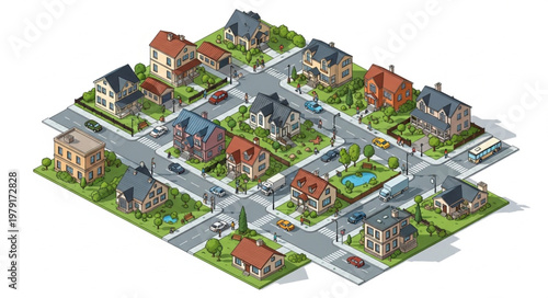 Aerial View of a Suburban Neighborhood with Houses and Streets.