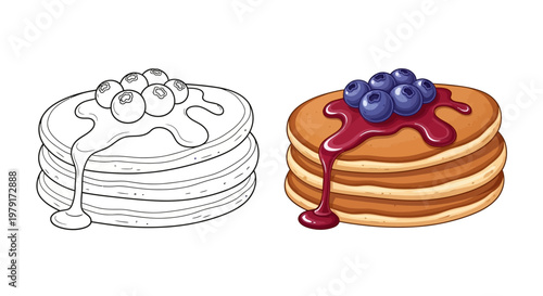 Stack of Pancakes with Blueberries and Syrup: Line Art and Full Color Comparison