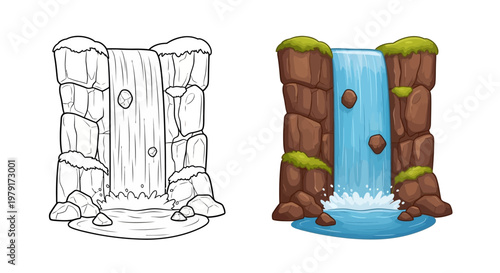 Stylized Waterfall Illustration: Line Art and Full Color Comparison