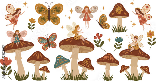 A cute cartoon vector illustration of a baby girl with pink floral patterns, summer flowers, and a set of spring nature icons like a butterfly, bee, and ladybug