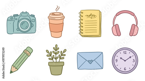 A vector set of everyday office and lifestyle icons including a camera, coffee cup, notebook, headphones, pencil, plant, envelope, and clock.