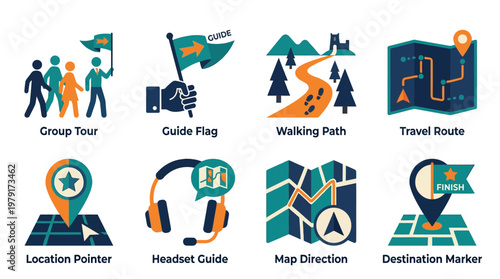 Vector set of travel icons depicting a group tour with guide flag, walking path, travel route, location pointer, headset guide, map direction, and destination marker for navigation.