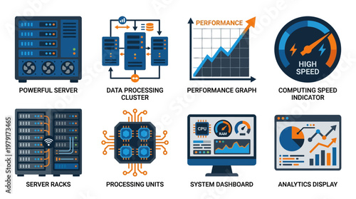 A vector set of modern computer servers and data processing units in a high-tech server room with performance graphs and analytics displays.