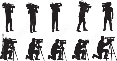 Photographers at work in various poses and positions silhouette set