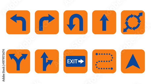 A vector set of various traffic signs and directional arrows on orange backgrounds.