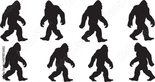 Bigfoot silhouettes walking in various poses and directions together
