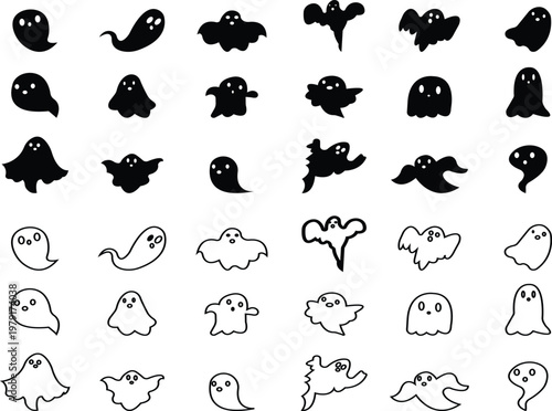 Cute cartoon ghost icons set. Adorable silhouette spirits with various facial expressions, playful and spooky character, playful and spooky and eerie symbols for decoration, web designs or ui,